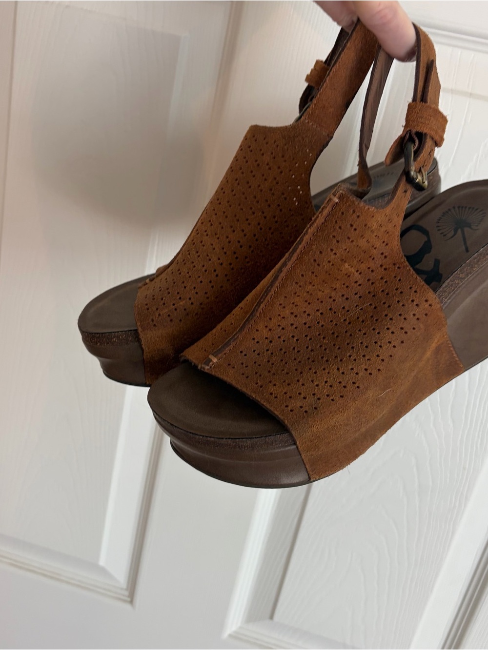 OTBT Brown Suede Peep-Toe Wedge Sandals - Women 7.5